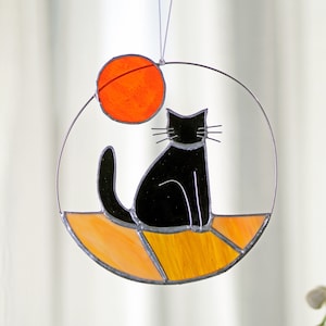 Cat stained glass cat with sun rainbow bridge window hanging Cat Sun Catcher Boho Cat Cat Memorial Gift  Black, Tabby...