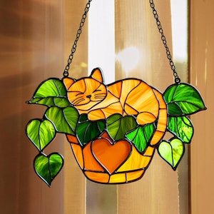 Cat Suncatcher in Poppy Flowers, Acrylic Window Hanging Gift for Cat Lovers, Cat Mom Gift for Home Decor, Cute Cat Flower Pot Decor