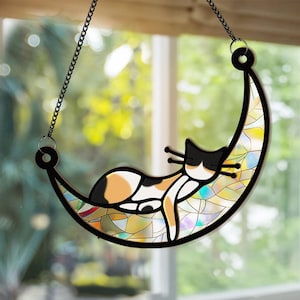 Personalized Cat Suncatcher, Sleeping Cat on Moon, Memorial Gift, Cat Ornament, Cat Lover Gift, Cat Memorial Gift, Cat Hanging Ornament