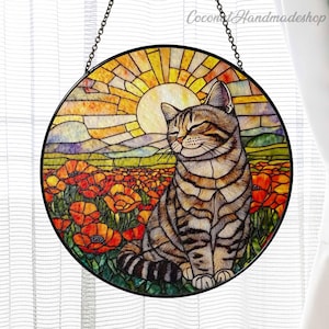 Tabby Cat Glass Suncatcher, Orange Poppies and Cat Suncatcher, Tabby Cat Hanging Window, Unique Cat Lover Gift, Flowers Field Suncatcher
