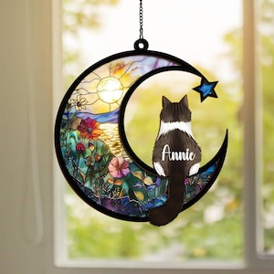 Custom Cat Memorial Suncatcher, Engraved Cat Lovers, Couple Cat On Moon Loss of Pet Sympathy Gift, Gift for Cat Lovers, Cat Memorial Gift