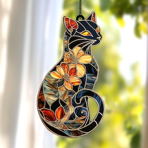 Black Cat & Flower ACRYLIC Suncatcher, Faux Stained Glass Window Hangings, Cat Art Decor, Perfect Birthday Gift for Cat Lovers, Home Decor