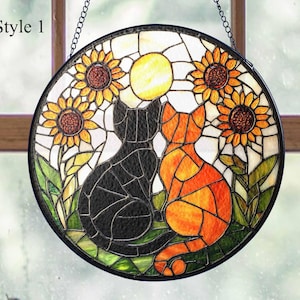 Black Cat and Orange Cat Couple Glass Suncatcher, Cat Couple Suncatcher with Flowers, Cat Window Hanging, Cat Couple Decor/Gift for Cat Moms