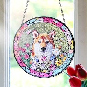 Custom Pet Portrait Suncatcher, Personalized Stained Glass Window Hanging with Floral Background, Memorial Gift for Pet Lovers