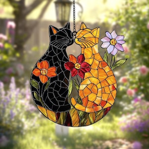 Couple Cats Suncatcher – Acrylic Faux Stained Glass Window Hanging