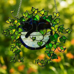 Black Cat Moon Suncatcher,  Style Window Hanging, Ivy Plant Acrylic Decor, Cozy Witchy Home Art, Cat Lover Gift