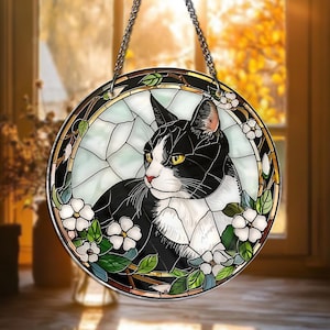Tuxedo Cat Stained Glass Suncatcher – Black and White Cat Window Hanging, Floral Cat Lover Gift, Pet Memorial Decor, Cat Suncatcher