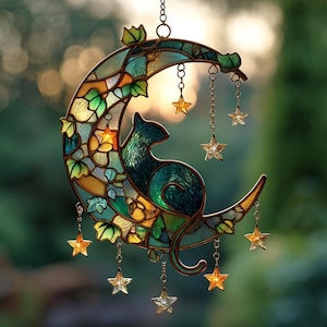 2D Cat on Crescent Moon Faux Stained Glass Suncatcher - Hanging Acrylic Window Decor with Stars & Ivy - Mystical Home Gift