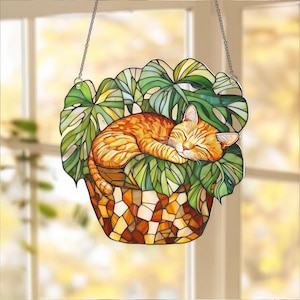 Orange Cat Monstera Suncatcher: Fade Resistant Acrylic Window Hanging