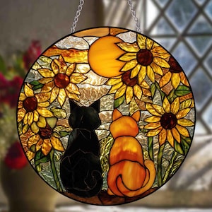Sunflower Cat Window Hanging, Cat Portrait Stained Glass Suncatcher Home Decor, Sunflower Cat Suncatcher Gift For Cat Lovers, Pet Keepsake
