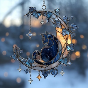 Blue Moon Cat Faux Stained Glass Ornament – Winter Acrylic Suncatcher Holiday Home Decoration Gift