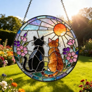 Charming Black Orange Cat Couple Garden Suncatcher Stained Glass Window Hanging Glass Ornament Mom Gift