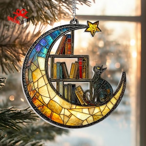 Cat Book On The Moon Acrylic Suncatcher Window Hanging, Book Window Decor, Book Lover Gifts, Book Ornament, Indoor Decor, Librarian Gifts