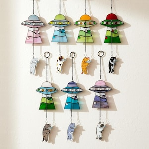 Custom Stained Glass Cat UFO Spaceship Suncatcher: Pressed Flower Alien Encounter Mobile